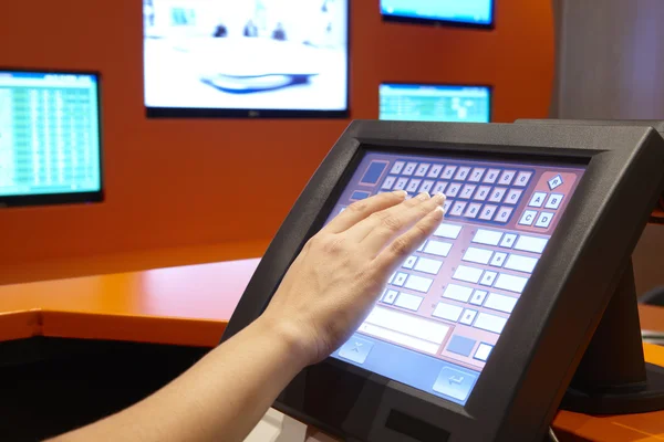 Bet machine with female hand ready to operate — Stock Photo, Image