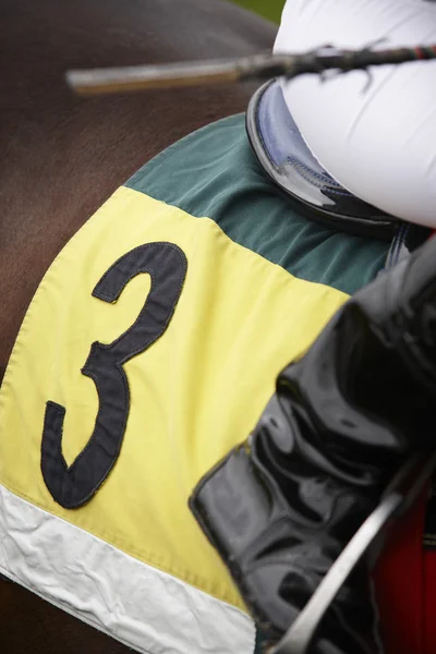 Detalhe cavalo de corrida e jockey pronto para correr — Fotografia de Stock