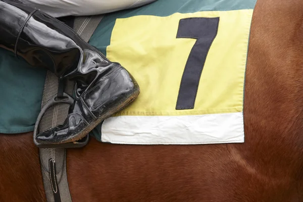 Detalhe da bota de jóquei e cavalo de corrida — Fotografia de Stock