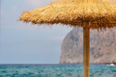 Akdeniz kıyısındaki ekolojik plaj şemsiyesi. Mallorca Adası. İspanya