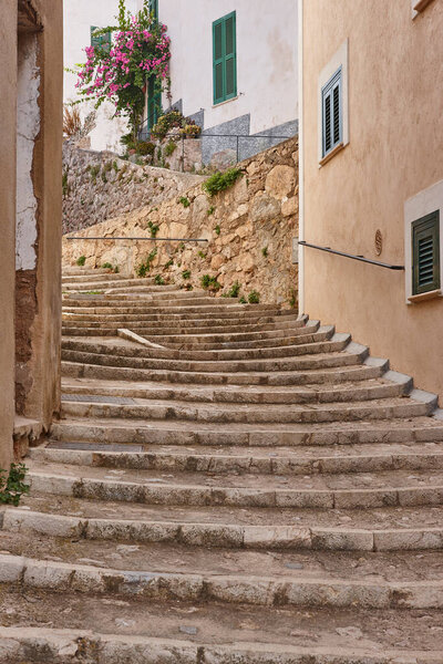 Picturesque stepped stone street in Mallorca island. Bunyola village. Baleares
