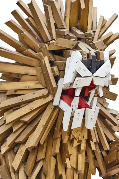 Lwia Głowa Drewniana Zabawka Izolowana Białym Rzemiosło Kreatywności — Zdjęcie stockowe