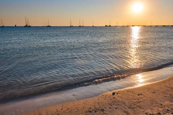 Sonnenuntergang Mittelmeerstrand Trenc Balearen Mallorca Spanien — Stockfoto