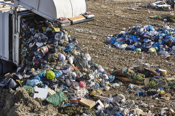 Truck Unloading Garbage Open Air Dump Waste Recycling — Stock fotografie