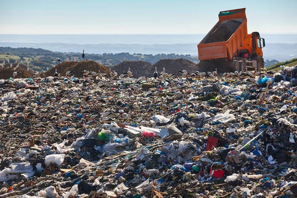 Náklaďák Vyloží Půdu Skládku Poškození Životního Prostředí Odpad — Stock fotografie