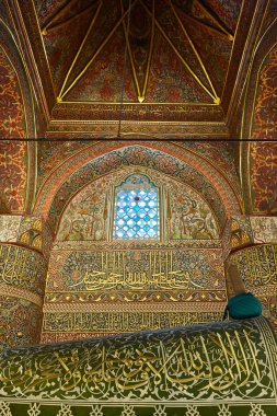 Mevlana mausoleum and tomb decorated interior in Konya. Anatolia, Turkey