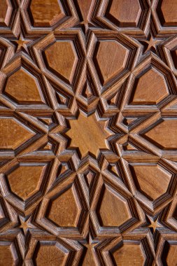 Traditional islamic marquetry geometric design. Turkish decorative carpentry. Timber