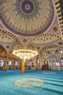 Ancient Kapi mosque illuminated interior in Konya. Anatolia, Turkey