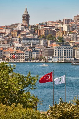 Galata tower and bosphorus strait in Istanbul cityscape. Turkey