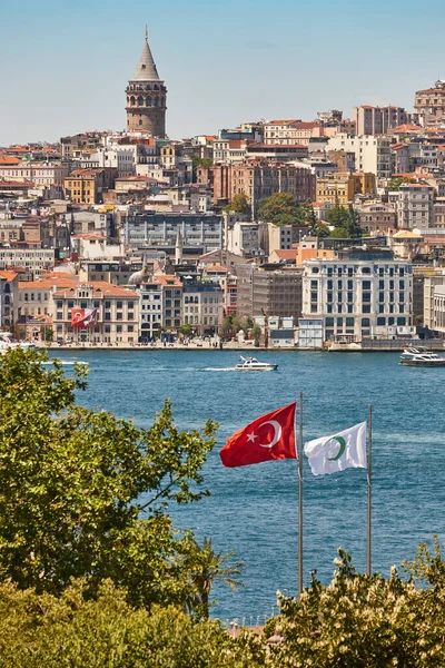 Galata tower and bosphorus strait in Istanbul cityscape. Turkey