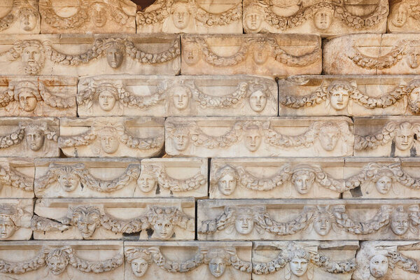 Ancient stone sculptures in Afrodisias archeology landmark site. Turkey