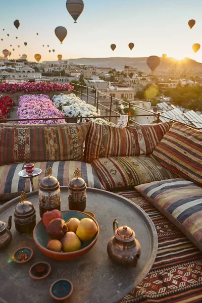 Balloons in rose valley, Cappadocia. Colorful sunrise in Goreme. Turkey