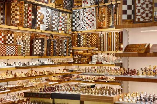 Traditional Wooden Ivory Chessboards Sale Bazaar Store Turkey — Stock Photo, Image