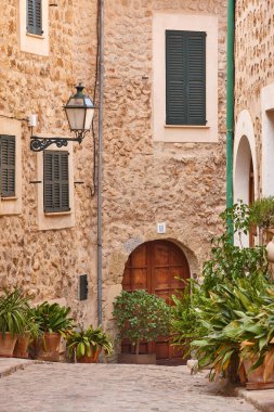 Geleneksel taş sokak Mallorca, Balearic adalarında bitkilerle süslenmiş.