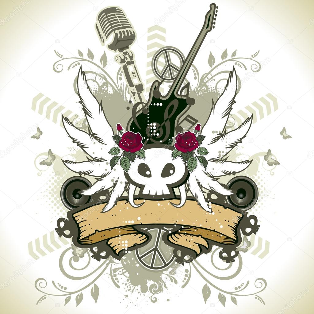 Floral design with skull rock guitar and microphone