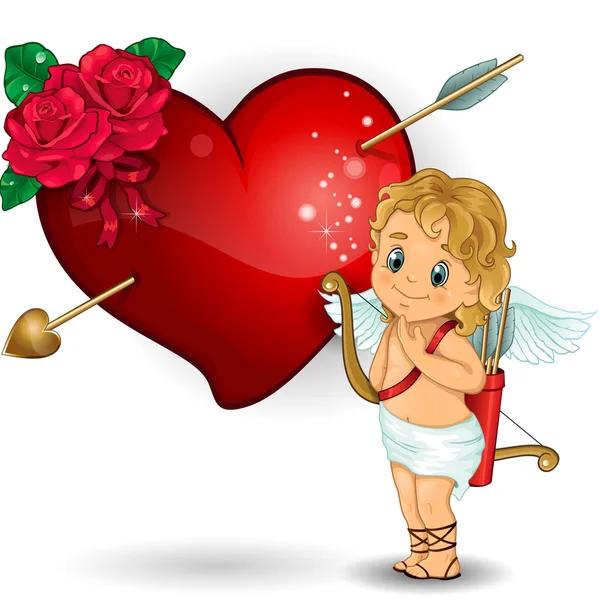 Cupido y corazón y rosas rojas — Vector de stock