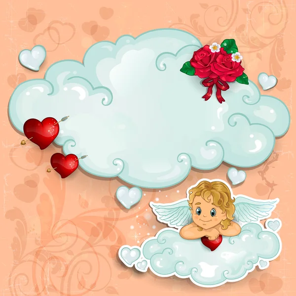 Cupid and heart and red roses — Stock Vector