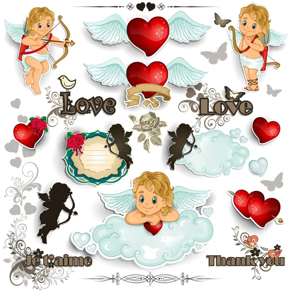 Set Cupid and love white background — Stock Vector