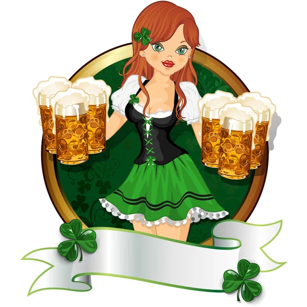 Fille avec de la bière Saint Patrick — Image vectorielle