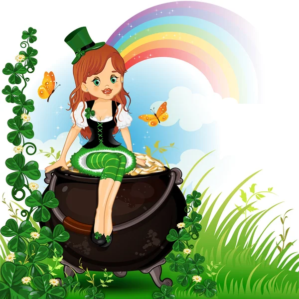 Elf girl sitting on pot of gold — Stock Vector