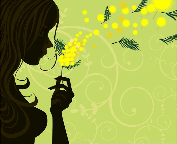 Mujer Mimosa con fondo verde — Vector de stock