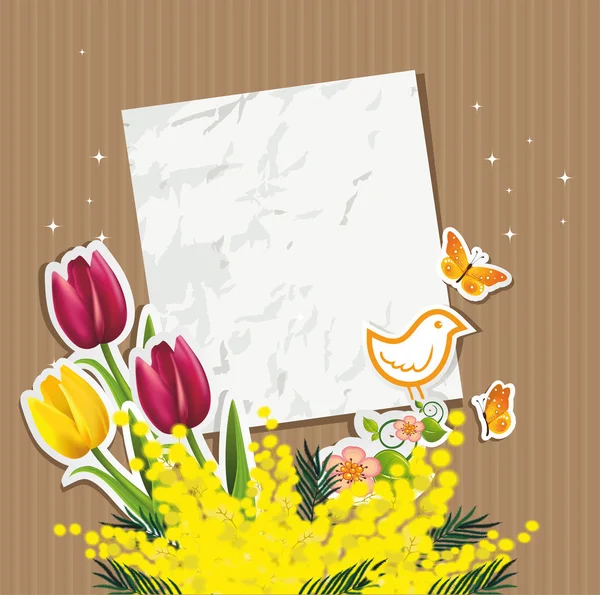Ticket mimosa tulips and bird — Stock Vector