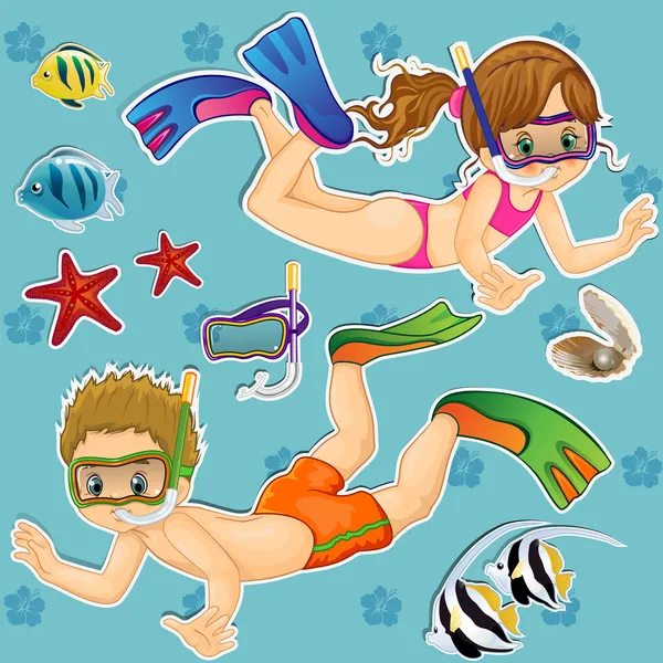 Set de niños haciendo snorkel — Vector de stock