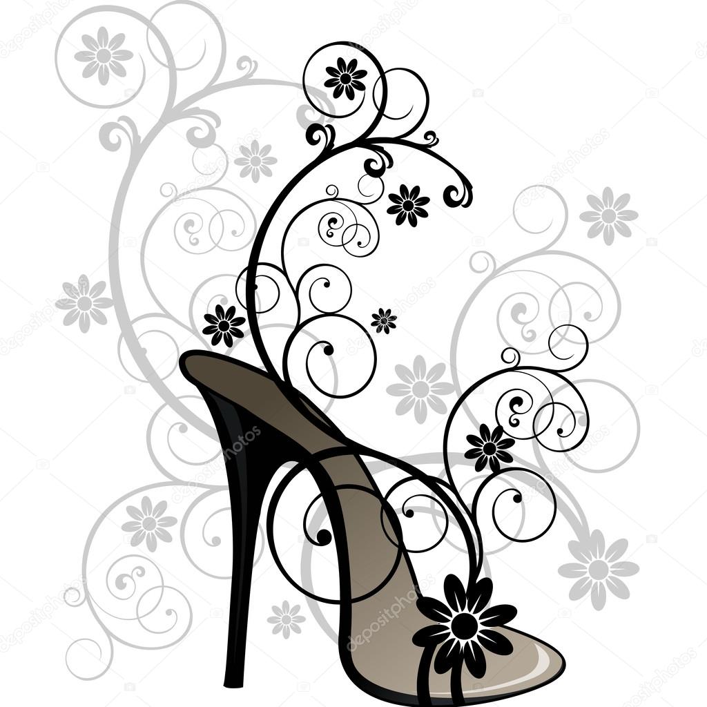 Stylized black sandal with floral decorations