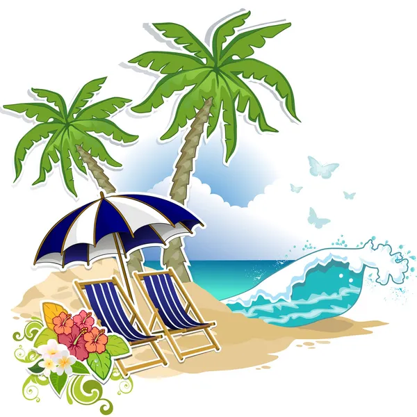 Зонты и пляжные стулья — стоковый вектор