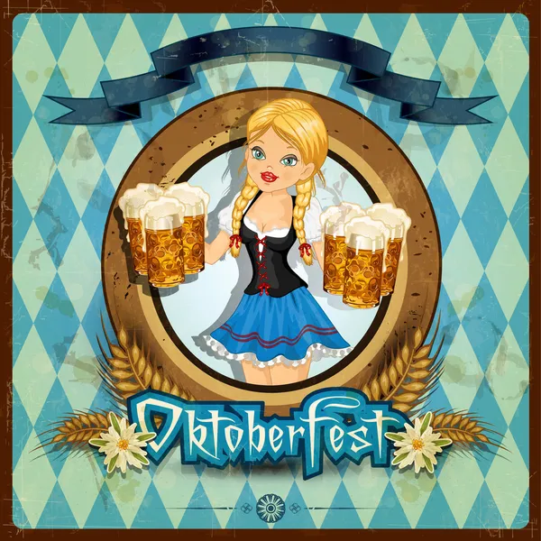 Oktoberfest meisje met vintage achtergrond — Stockvector