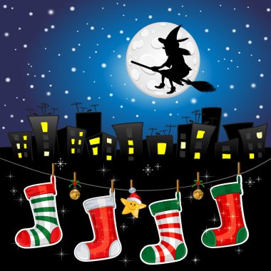 Witch with socks in the city backlight clipart