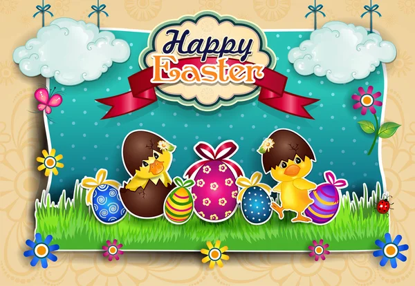 Easter eggs with chicks cartoon — Stock Vector