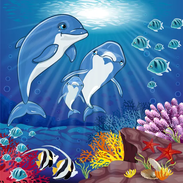 Delfines en el fondo del mar — Vector de stock