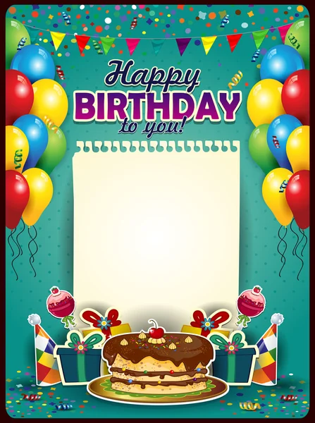 Feliz cumpleaños con una hoja de papel vertical — Vector de stock