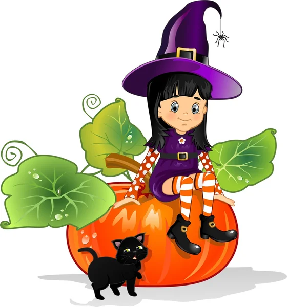 Witch girl with cat sitting on pumpkin — Stock Vector