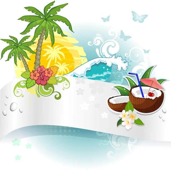 Banner e coco tropical — Vetor de Stock
