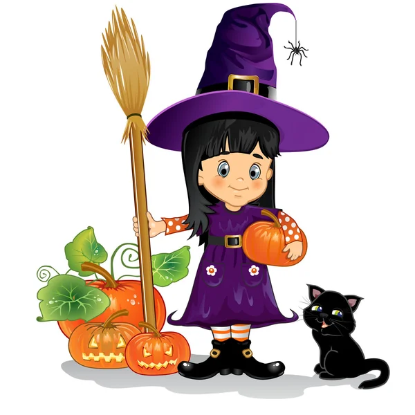 Chica bruja con gato, calabazas — Vector de stock