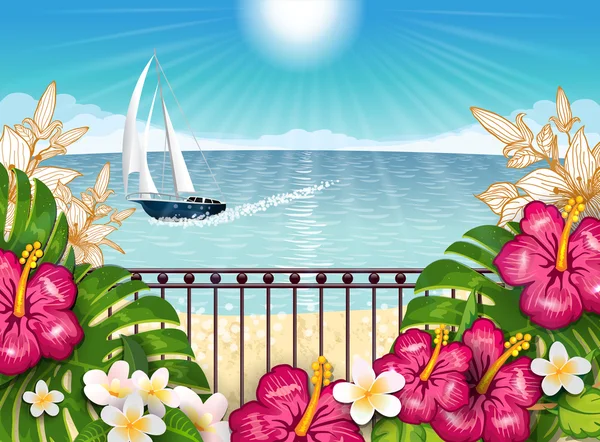 Paysage tropical avec bateau horz — Image vectorielle