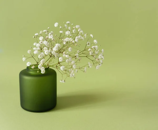 Green Glass Vase Gypsophila Flowers Light Green Background Scandinavian Decor — Stock Photo, Image