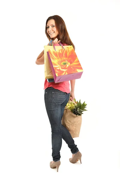 Щаслива жінка з сумками — стокове фото