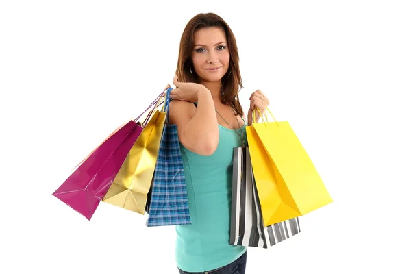 Mujer feliz con bolsas de compras y regalos — Foto de Stock