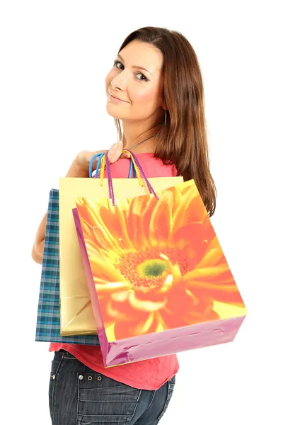 Happy woman with shopping bags and gifts — Stock Photo, Image