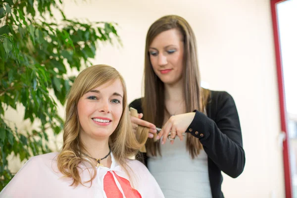 Hairdresser cutting customers hair in salon — Stock Photo, Image