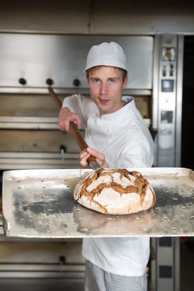 Bäcker hält Schale mit frischem Laib Brot lizenzfreie Stockbilder