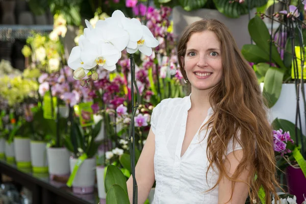 Kund i blomsteraffär poserar med orkidé — Stockfoto