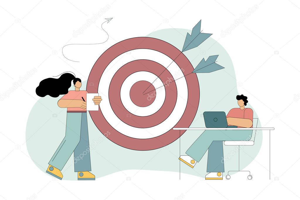 Goal setting. Accurate shot. Focusing on the work goal and achieving the best results for the task. Vector flat illustration.