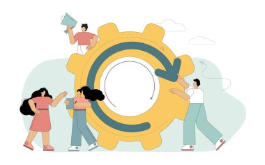 Yenilenme kavramı. Düz insanlar takımı projeyi yeniden başlatıyor. Değişimin sembolü. Sistem güncellemesi. Hayattaki hedefler değişti. Yeni yön. Vektör illüstrasyonu