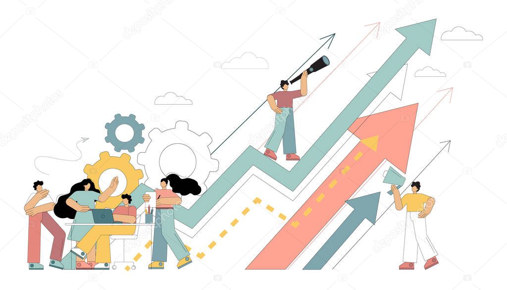 Looking at future plans for success. Scenes up. Tiny people are looking for chances to grow, to achieve a goal. Vector flat illustration