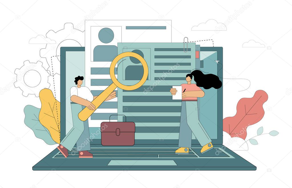 Job . Search for an employee, selection of an applicant for a position. Online interview. Vector flat illustration isolated on white background.