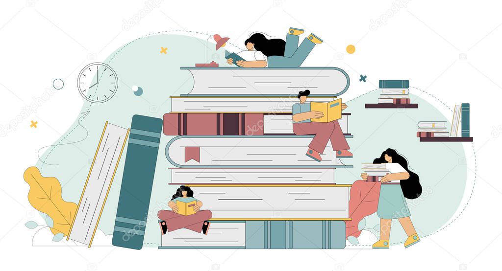 Reading concept. A group of men and women reading. Readers exchange literature. Exchange, lend and recommend paper books. Book Festival. Flat vector illustration isolated on white background of small people reading an open huge book.